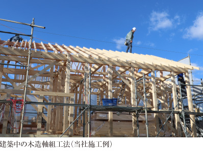 建築中の木造軸組工法（当社施工例）
